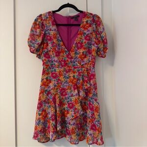 Forever 21 Floral Wrap Mini Dress - Bright Pink & Orange